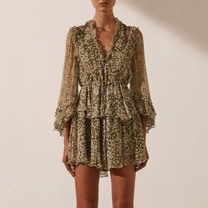 Shona Joy Claudette Mini Ruffle Drawstring Dress - Olive Sz 4
